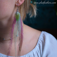 Load image into Gallery viewer, Pink and Green Parrot and Emu Feather Earrings
