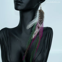 Load image into Gallery viewer, Statement Alpaca Silver Pink and Blue Feather Earrings
