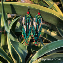 Load image into Gallery viewer, Green and Gold Beaded Hanging Earrings
