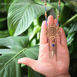 Brass Seed of Life Blue Macrame Necklace