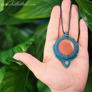 Goldstone and Agate Teal Macrame Necklace