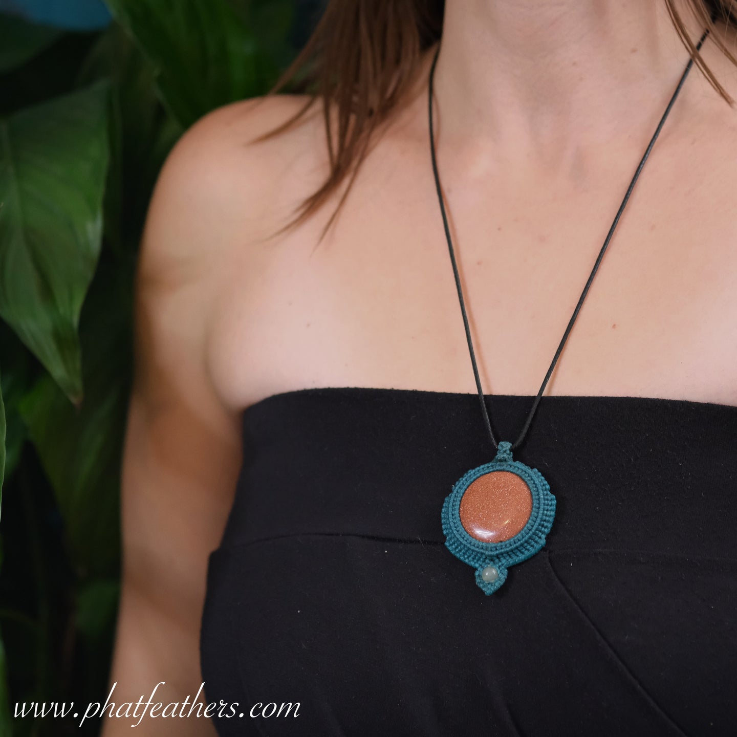 Goldstone and Agate Teal Macrame Necklace