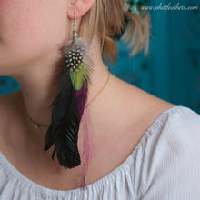 Load image into Gallery viewer, Statement Green and Purple Parrot and Emu Feather Earrings
