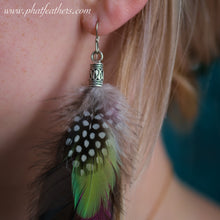 Load image into Gallery viewer, Statement Green and Purple Parrot and Emu Feather Earrings

