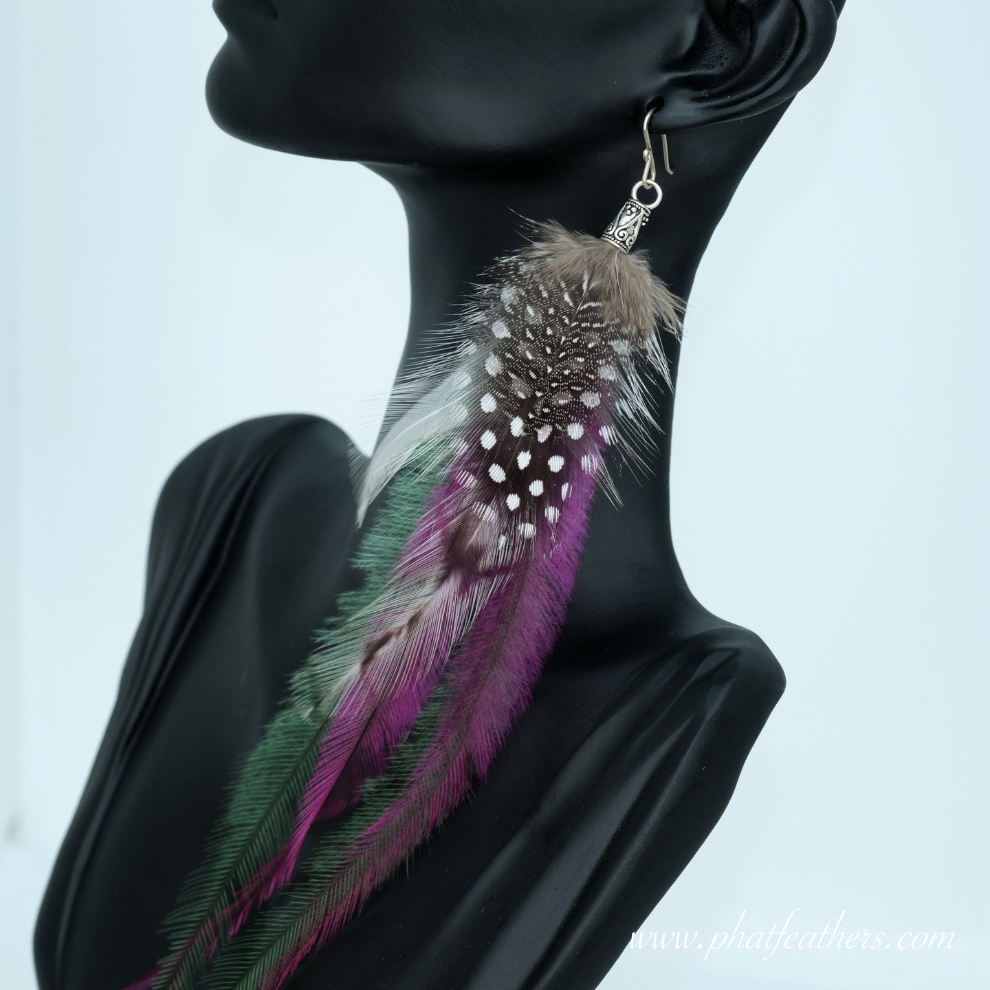 Statement Alpaca Silver Pink and Blue Feather Earrings