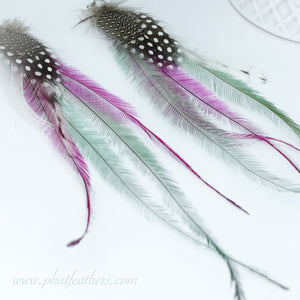 Statement Alpaca Silver Pink and Blue Feather Earrings
