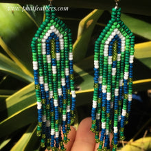 Load image into Gallery viewer, Green and White Beaded Hanging Earrings
