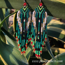 Load image into Gallery viewer, Green and Gold Beaded Hanging Earrings
