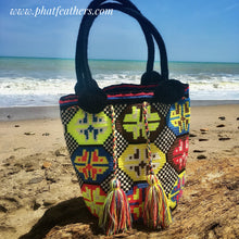 Load image into Gallery viewer, Yellow/Black Pom-pom Handmade Colombian Wayuu Bag
