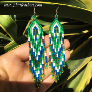 Green and White Beaded Hanging Earrings