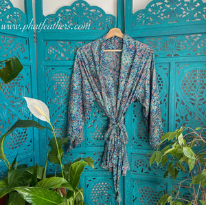 Short Silk Kimono - Turquoise