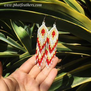 White and Red Beaded Hanging Earrings